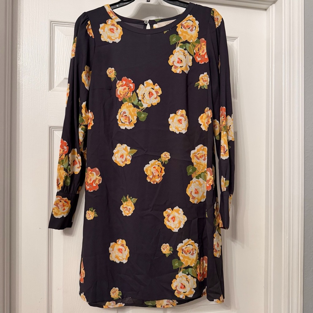 LOFT Black Floral Long Sleeve Dress